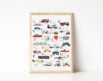 Dutch Alphabet Poster Cars - 30x40cm, A4 Nursery Poster, Transportation Wall Art, Gift for Kids, Birthday Gift, Toddlers Room, Cars Poster