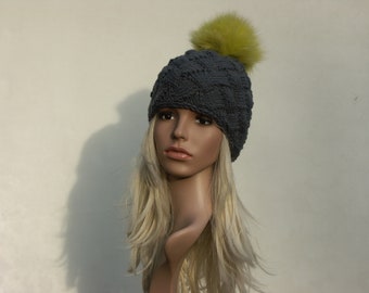 Fur bobble hat Entrelac bobble hat knitted hat hat with real fur bommel winter hat ski hat fox