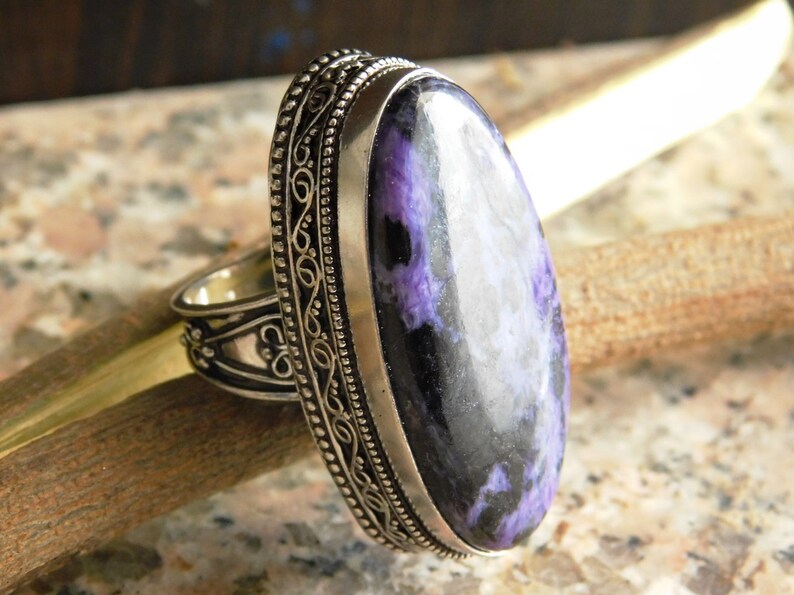 US size-7 designer ring gift for her handmade ring gemstone ring charoite gemstone ring solid sterling silver ring D23 Charoite ring