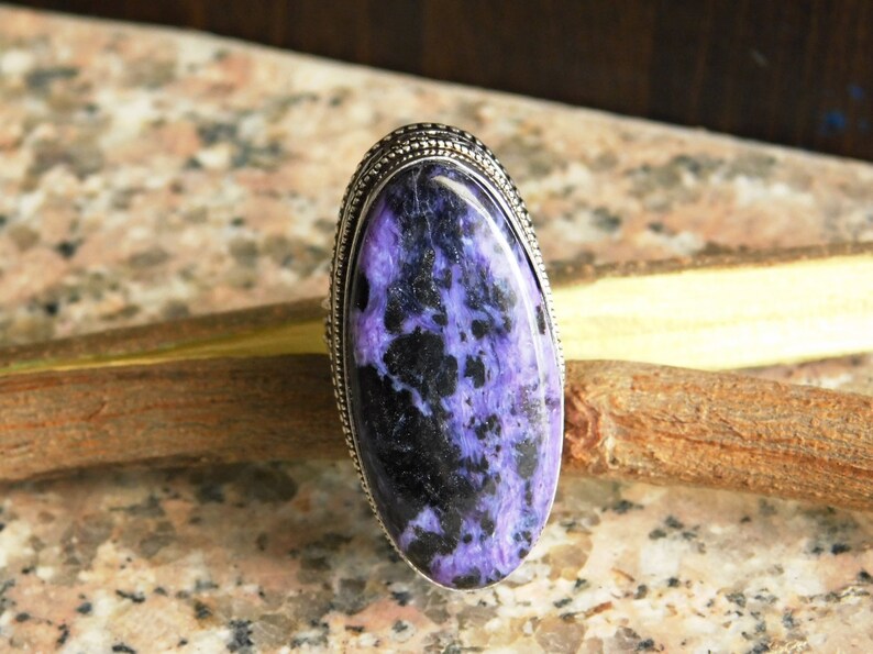 US size-7 designer ring gift for her handmade ring gemstone ring charoite gemstone ring solid sterling silver ring D23 Charoite ring