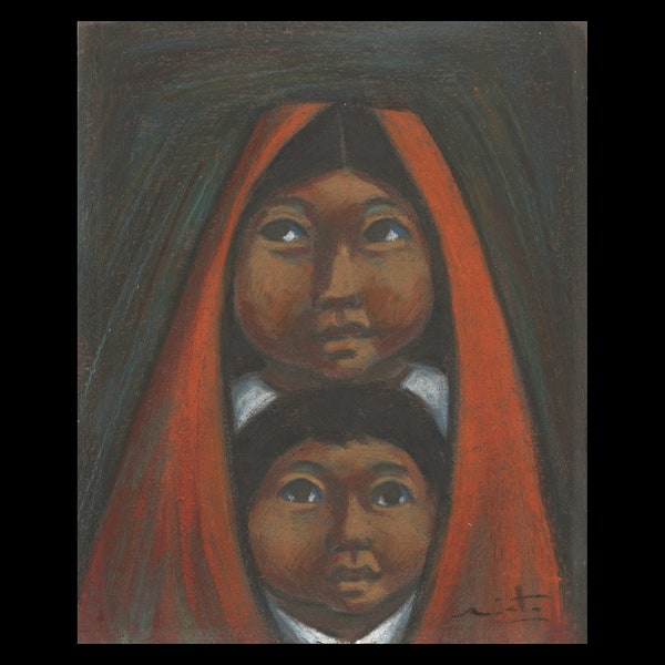 ARTURO NIETO (Ecuadorian, 1900-?), "Mujer e Nino, II", ca. 1980, pastel on thin paper board, signed.