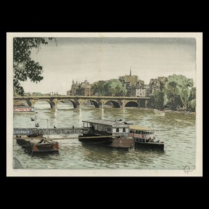 HANS FIGURA (Austrian, 1898-1978), &quot;Seine Bus Stop, Paris (Pont Neuf)&quot;, ca. 1930, aquatint etching, pencil signed.