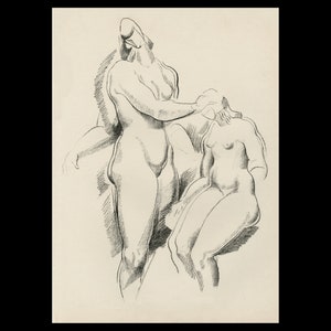 May include: A black and white pencil drawing of two nude figures. The figure on the left is standing with their arms raised above their head. The figure on the right is sitting with their legs crossed.
