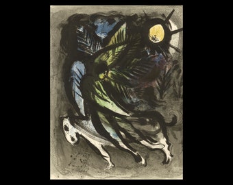 May include: A black and white abstract painting with a green, blue, and yellow figure in the center. The figure is surrounded by black lines and shapes, and there is a yellow sun in the upper right corner.