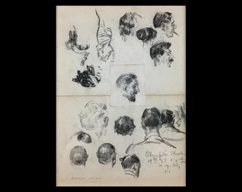 EVERETT SHINN (American, 1876-1953), "Study of Heads, Olympic Theatre", 1906, graphite on paper, signed.