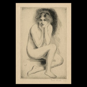 May include: A black and white etching of a woman sitting with her chin resting on her hand. The woman is nude and has her hair pulled back. The etching is signed "Paul  Frank" in the bottom right corner.