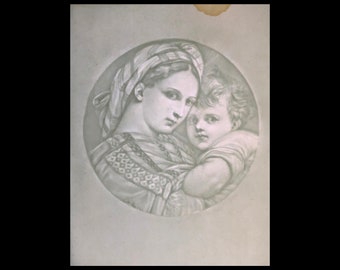 May include: A black and white drawing of a mother and child. The mother is wearing a headscarf and a patterned dress. The child is nestled in her arms.