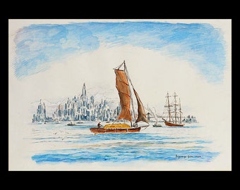 REYNOLDS BEAL (American, 1867-1911), "New York Bay", 1930, crayon & watercolor on paper, signed and dated.