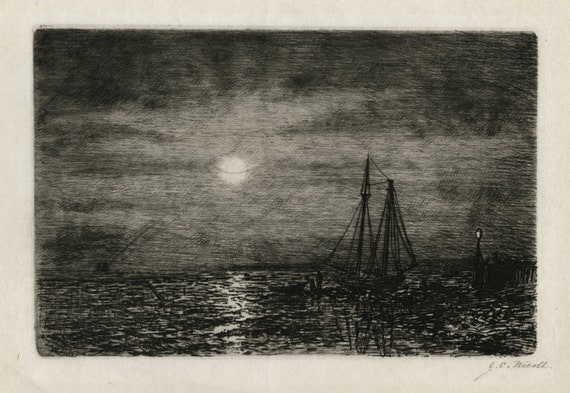 James Craig Nicoll Moonlight Etching, Coastal Seascape Art, 1884