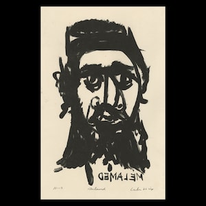 May include: Black and white abstract portrait of a person with a beard. The portrait is signed "Melamed" and dated "Lecher 61 imp".
