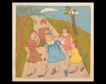SERAH BURMAN (Amerikaan, 1868-1941), "Children at Play", ca. 1935, originele zeefdruk, potlood gesigneerd.