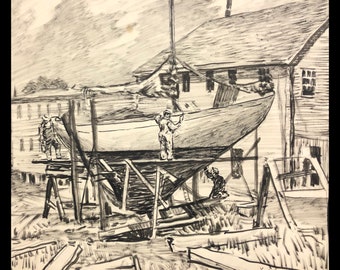 May include: A black and white pencil drawing of a boat being repaired on wooden supports. Three people are working on the boat. The drawing is signed "Karl Edward 1958".