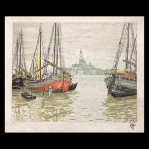 HANS FIGURA (Austrian, 1898-1978), &quot;Moored Boats in the Lagoon&quot;, ca. 1930, aquatint etching, pencil signed.