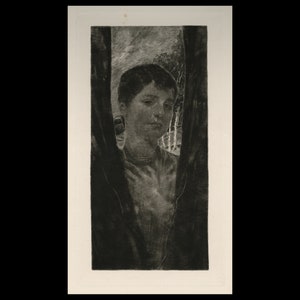 May include: A black and white etching of a woman's face framed by two dark trees. The woman is looking down and to the left, with a soft expression on her face.