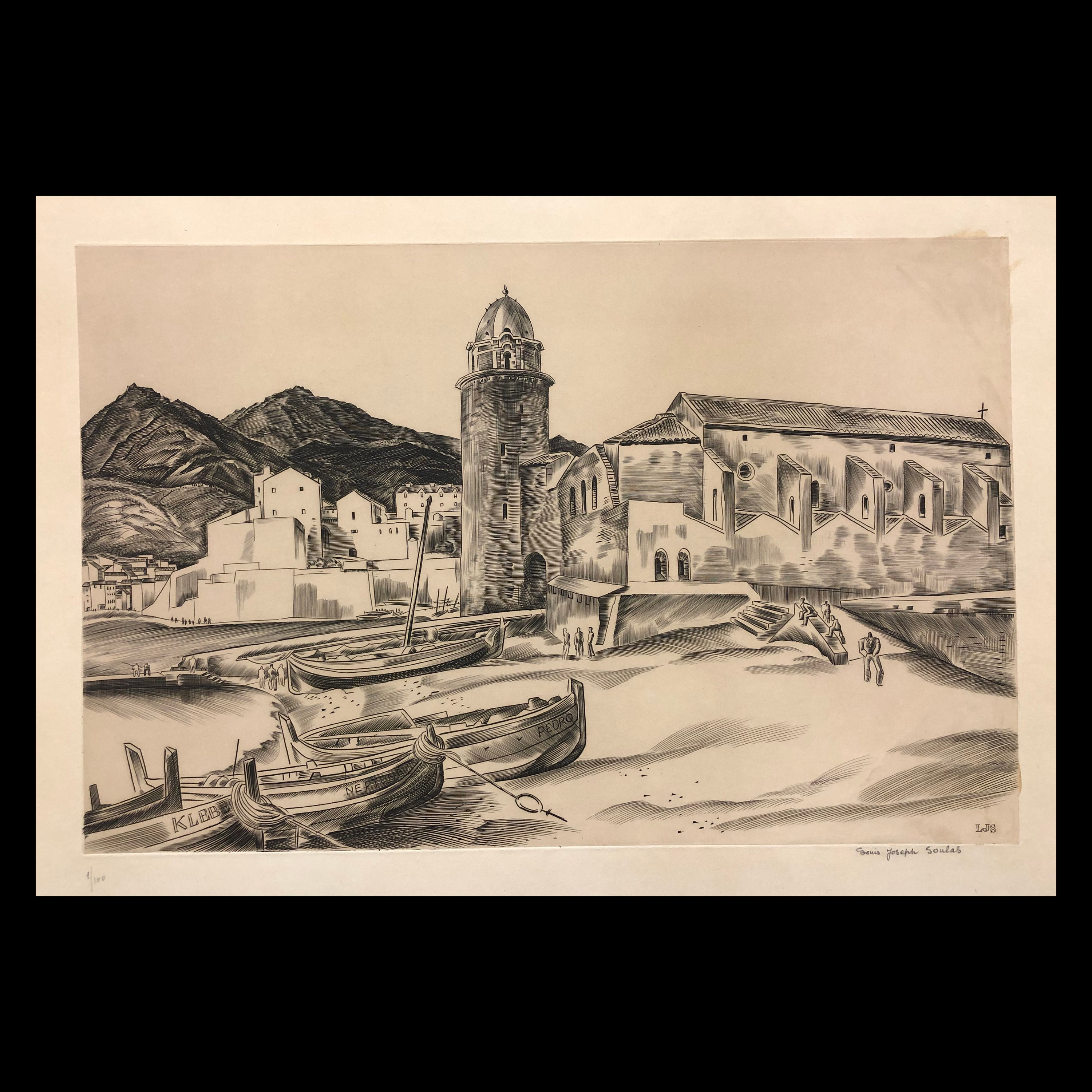LOUIS JOSEPH SOULAS (francese, 1905-1954), "Cadaques", ca. 1935, incisione su rame, firmata a matita.