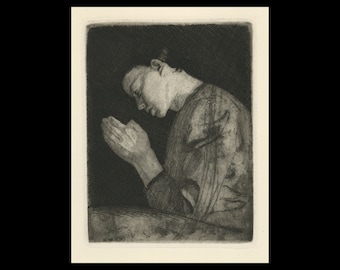 May include: A black and white etching of a person with their head bowed and hands clasped in prayer.