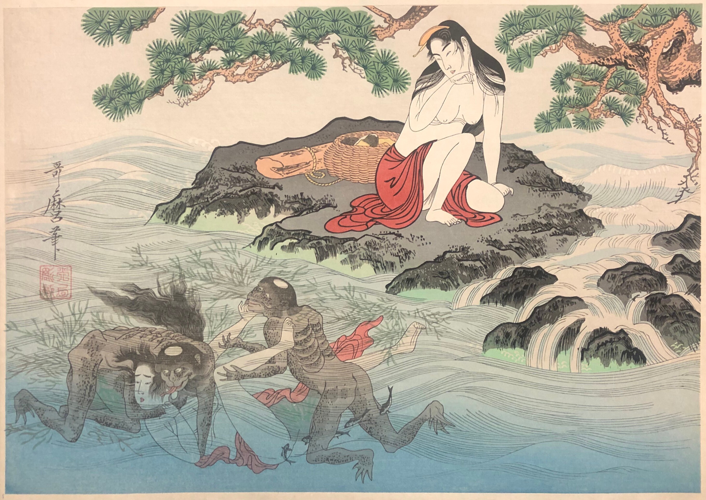 【絵】　★ 額装 美女と半魚人 ★　作家物　裸婦 怪獣 官能写実　西洋美術 言葉がわからなくても、気持ちは伝わる。魚の写真にグッとくるエクス