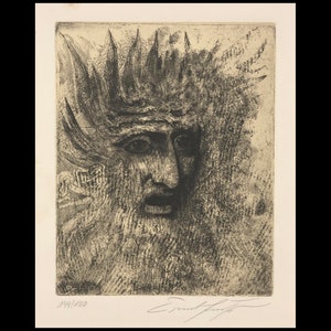 May include: Black and white etching of a face with a crown of thorns. The face is contorted in pain and the eyes are wide open. The etching is signed "Emil Nolde" and numbered "149/150".