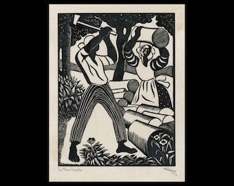 May include: Black and white woodcut print depicting two people working in a forest. A man is chopping wood with an axe, while a woman carries a log on her shoulder. The print is titled "In the Woods" and signed by the artist.