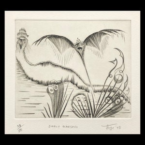May include: Black and white print of a stylised bird with large wings and a crown, surrounded by stylised plants. The print is titled "Early Marshes" and signed "Hugo '43".