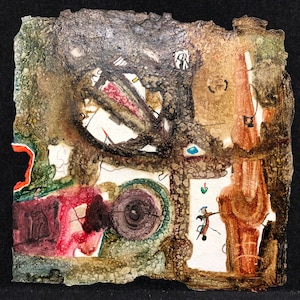 May include: Abstract painting on paper with a textured surface. The painting features a variety of colors, including brown, red, green, blue, and white. The painting is framed by a black border.
