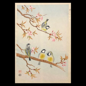 SHIZUO ASHIKAGA (Japanese, 1917-1991), &quot;Titmouses and Cherry Blossoms&quot;, ca. 1950, polychrome woodblock print, signed.
