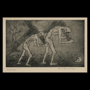 May include: A black and white woodcut print showing two skeletal figures carrying a large log. The figures are emaciated and appear to be struggling under the weight of the log. A skull lies on the ground in the foreground. The print is titled "Epreuve" and signed "P.U. Bevilacqua."