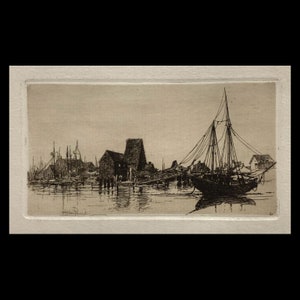 STEPHEN PARRISH (Estadounidense, 1846-1948), &quot;Gloucester Ferry&quot;, 1882, grabado original.
