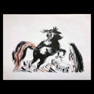 May include: Black and white ink drawing of a rearing horse with a flowing red tail. The artwork depicts a dynamic scene with figures and a woman with long black hair. Signed by the artist, Michael Still.