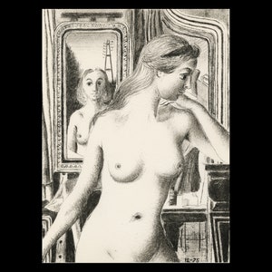 PAUL DELVAUX (Belgischer, 1897-1994), "La Reflet (The Reflection)", 1975, original Lithographie, unsigniert