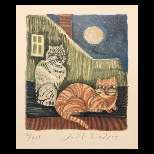 JUDITH BLEDSOE (American/French, 1938-2013), "Two Cats", ca. 1975, color lithograph, pencil signed.