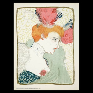 May include: A colorful illustration of a woman with red hair wearing a large pink hat. The background is a yellow and green pattern.