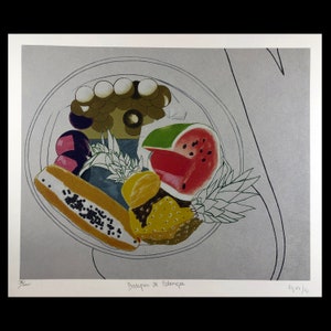 May include: A colorful still life print of a bowl of fruit. The bowl contains a variety of fruits, including watermelon, pineapple, papaya, grapes, and kiwi. The print is titled "Bosquejo de Potenque" and is signed by the artist.