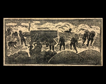 ZHANG XINGLONG (Chinese, 1945-living), "Threshing", ca.1965, original woodcut
