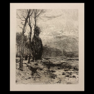 May include: A black and white etching of a landscape with trees in the foreground and a cloudy sky in the background.