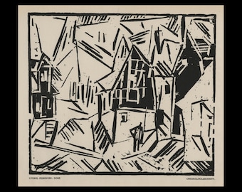 May include: A black and white woodcut print depicting a village scene with houses and buildings. The print is titled "LYONEL FEININGER: DORF. ORIGINALHOLZSCHNITT."
