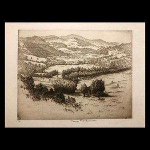 GEORGE TAYLOR PLOWMAN (American, 1860-1932), &quot;The Hills Near Woodstock, Vermont&quot;, ca. 1910, original etching, pencil signed.