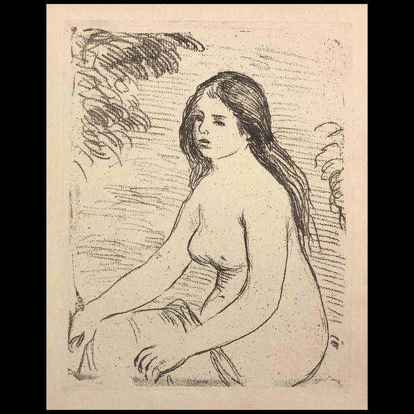 PIERRE AUGUSTE RENOIR (Frans,1841-1919), "Femme Nue Assise", 1906, originele ets op zachte ondergrond.