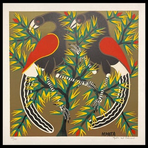 SIMON GEORGE MPATA (Tanzanian/Kenyan, 1942-1984), &quot;Hornbills&quot;, 1978, mixed media print, pencil signed.