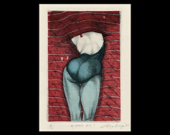 May include: A black and white etching of a person in a blue swimsuit standing in front of a red and white striped background. The image is titled "A Tight Fit" and signed by the artist.
