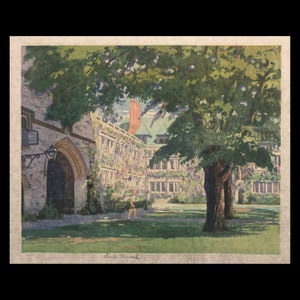Louis Novak (American, 1903-1988), &quot;Joline-Campbell Hall from Blair Court, Princeton&quot;, 1943, linocut, pencil signed.