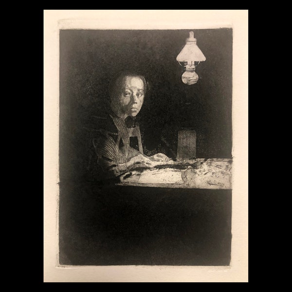 KATHE KOLLWITZ (German, 1867-1945), "Self Portrait at a Table", 1893, original etching