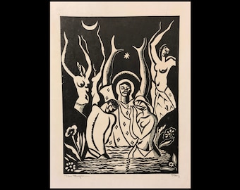 ALBERT HUIE (Jamaican/American, 1920-2010), &quot;The Baptism&quot;, 1948, original woodcut, pencil signed.
