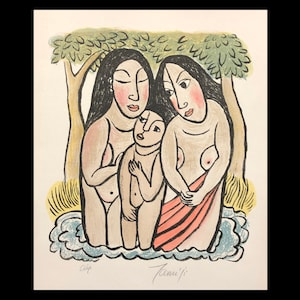 May include: A colorful linocut print depicting three figures, two women and a child, standing in a body of water. The women are nude and have long black hair. The child is also nude and has short brown hair. The print is signed "Tami'i" in the lower right corner.