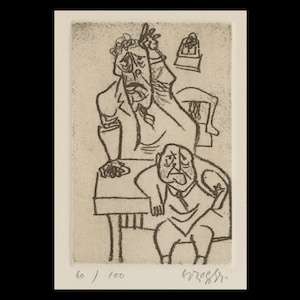 May include: Black and white line drawing of two men sitting at a table. The man on the left is holding his head in his hands and the man on the right is looking down with a sad expression. The drawing is numbered 60/100.
