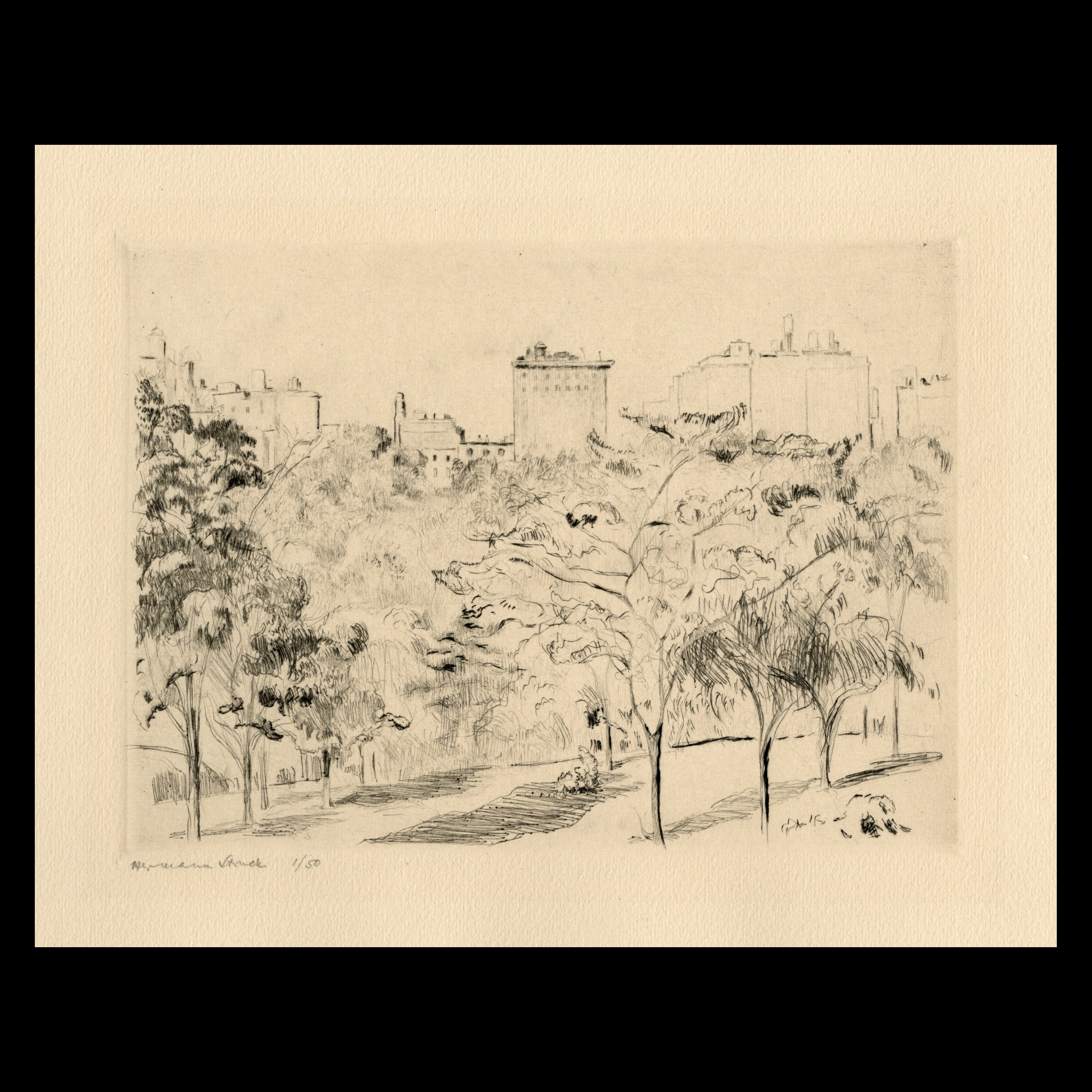 HERMANN STRUCK (German, 1876-1944), "Fifth Avenue at Central Park", 1913, original drypoint, pencil signed