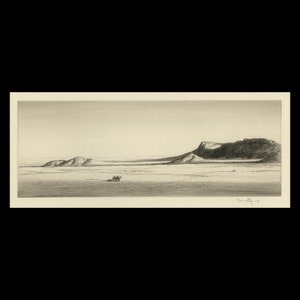 May include: A black and white drawing of a desert landscape with a mountain range in the distance. A group of figures are walking across the sand in the foreground.