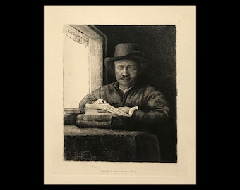 REMBRANDT van RIJN (after) (Dutch, 1606-1669), "Self-Portrait Drawing by a Window", 1648, Amand-Durand etching over heliogravure, ca. 1875.