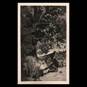 May include: A black and white etching of a man lying on the ground with a horse beside him. A large tree with branches overhead casts a shadow over the scene. There are birds flying in the sky above.