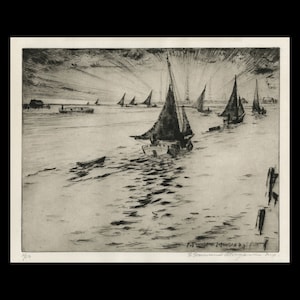 May include: A black and white etching of a seascape with several sailboats in the water. The sun is setting in the background, casting long shadows on the water. The etching is signed "F.W.  MORGAN" in the lower right corner.